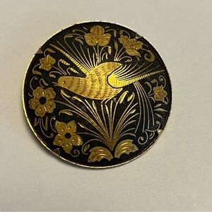 Damascene Black and Gold Bird and Flowers Brooch Pin
